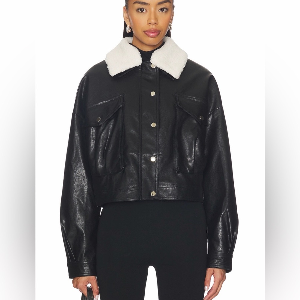 superdown Black Faux Leather Button-Front Jacket with Chest Pockets